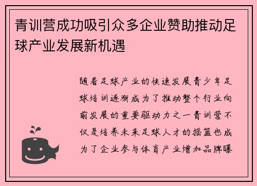 青训营成功吸引众多企业赞助推动足球产业发展新机遇