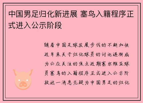 中国男足归化新进展 塞鸟入籍程序正式进入公示阶段