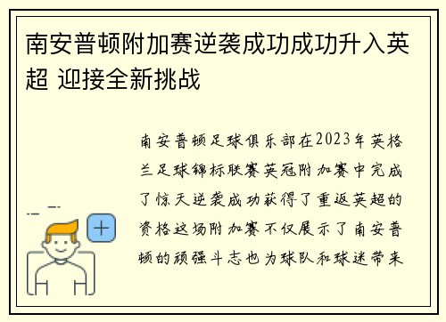 南安普顿附加赛逆袭成功成功升入英超 迎接全新挑战