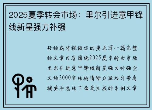 2025夏季转会市场：里尔引进意甲锋线新星强力补强