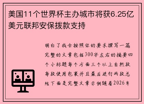 美国11个世界杯主办城市将获6.25亿美元联邦安保拨款支持